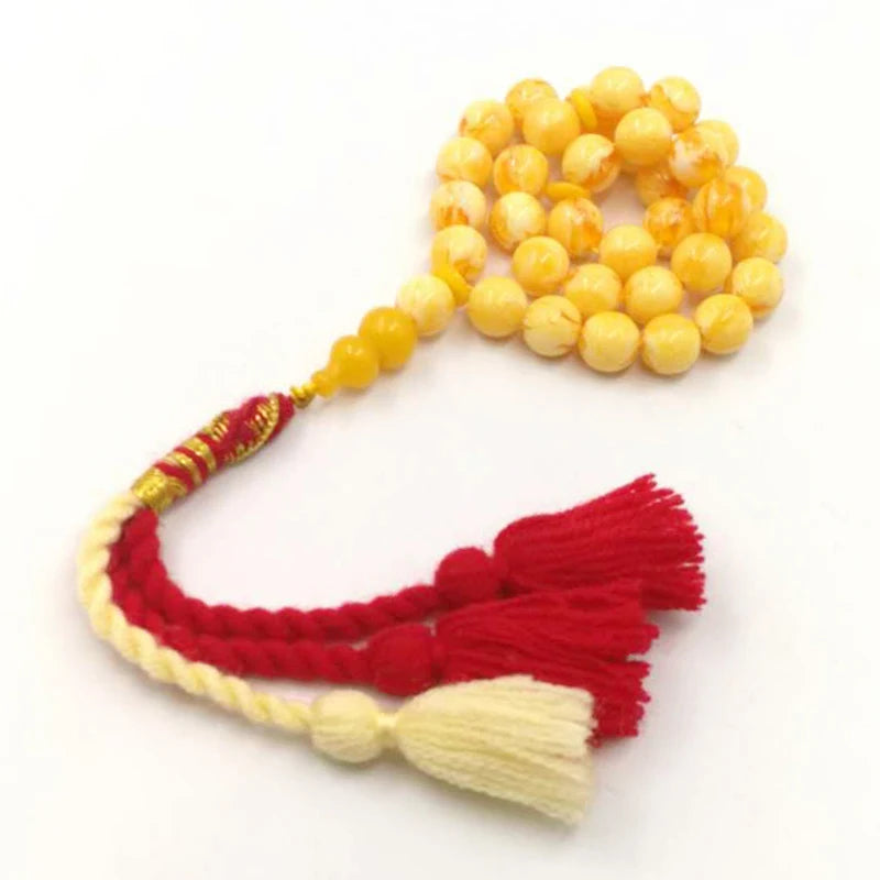Royal Elegance: Yellow Resin Tasbih Bracelet with Handmade Turkish Tassels – 33 Beads Islamic Prayer Misbaha
