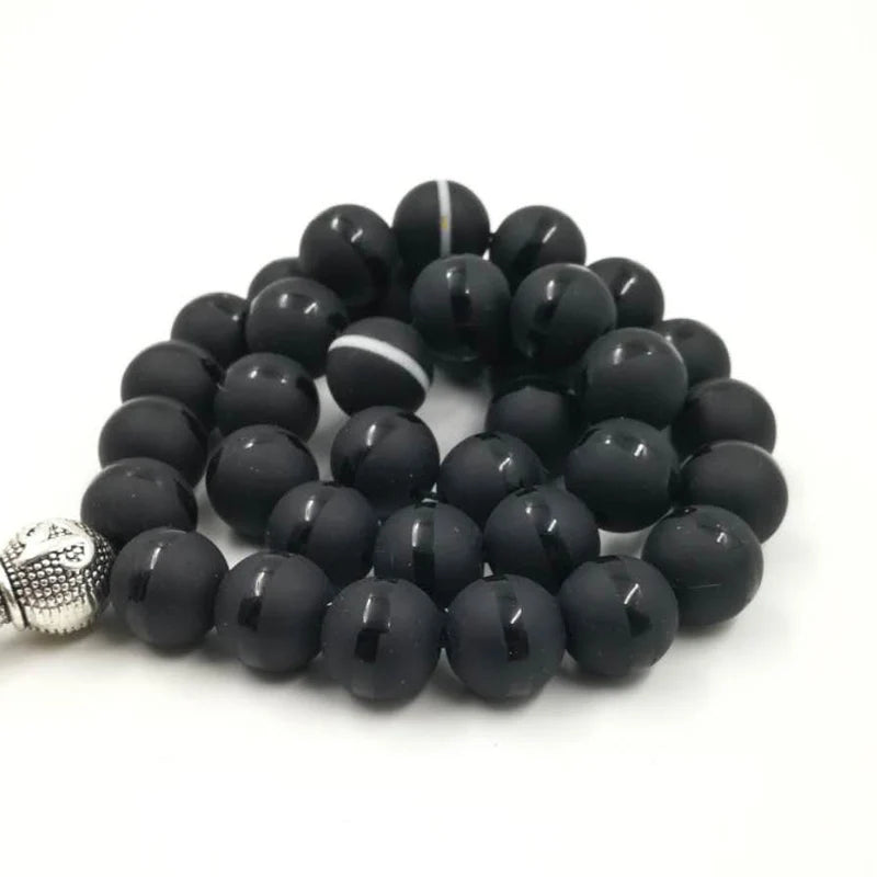 Crystal Tasbih featuring a stylish black agate design and customizable bead capacity of 33, 66, or 99 Misbaha.