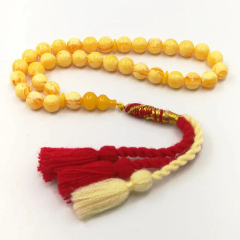 Royal Elegance: Yellow Resin Tasbih Bracelet with Handmade Turkish Tassels – 33 Beads Islamic Prayer Misbaha