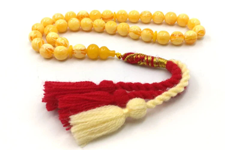 Royal Elegance: Yellow Resin Tasbih Bracelet with Handmade Turkish Tassels – 33 Beads Islamic Prayer Misbaha