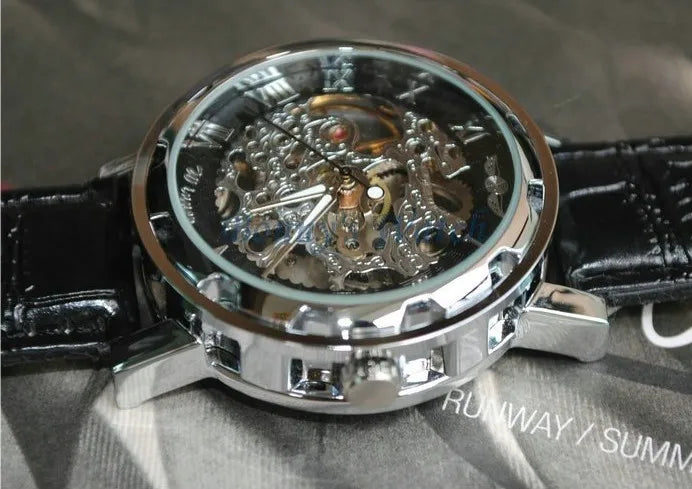 Winner Luxury Skeleton Mechanical Watch – Black Leather Strap, Gold Dial, Stainless Steel Case