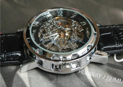 Winner Luxury Skeleton Mechanical Watch – Black Leather Strap, Gold Dial, Stainless Steel Case