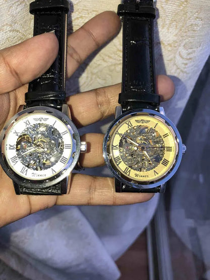 Winner Luxury Skeleton Mechanical Watch – Black Leather Strap, Gold Dial, Stainless Steel Case