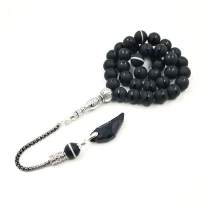 Crystal Tasbih featuring a stylish black agate design and customizable bead capacity of 33, 66, or 99 Misbaha.