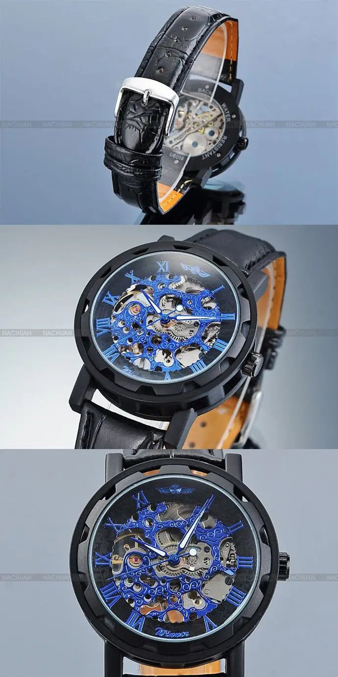 Winner Luxury Skeleton Mechanical Watch – Black Leather Strap, Gold Dial, Stainless Steel Case