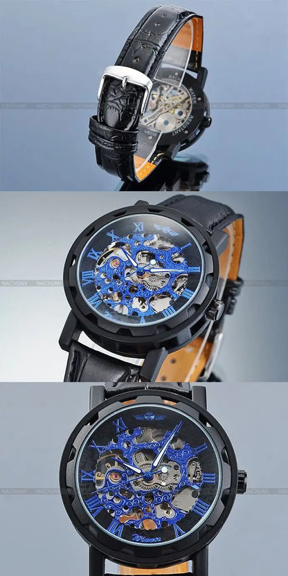 Winner Luxury Skeleton Mechanical Watch – Black Leather Strap, Gold Dial, Stainless Steel Case