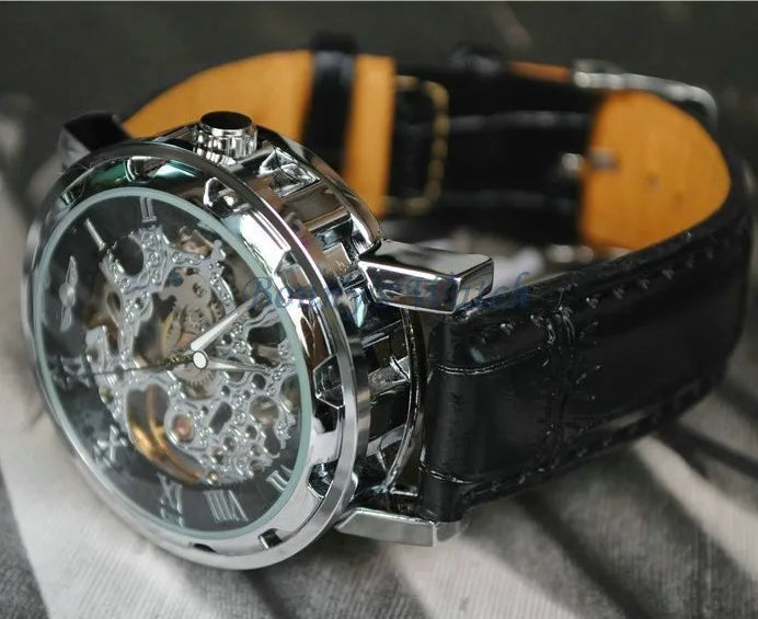 Winner Luxury Skeleton Mechanical Watch – Black Leather Strap, Gold Dial, Stainless Steel Case