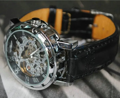 Winner Luxury Skeleton Mechanical Watch – Black Leather Strap, Gold Dial, Stainless Steel Case