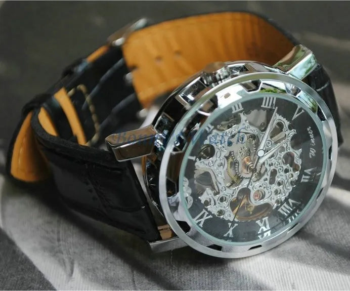 Winner Luxury Skeleton Mechanical Watch – Black Leather Strap, Gold Dial, Stainless Steel Case