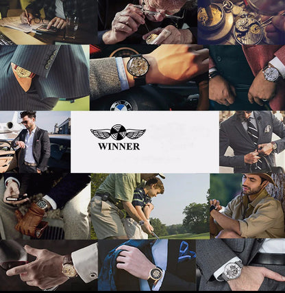 Winner Luxury Skeleton Mechanical Watch – Black Leather Strap, Gold Dial, Stainless Steel Case