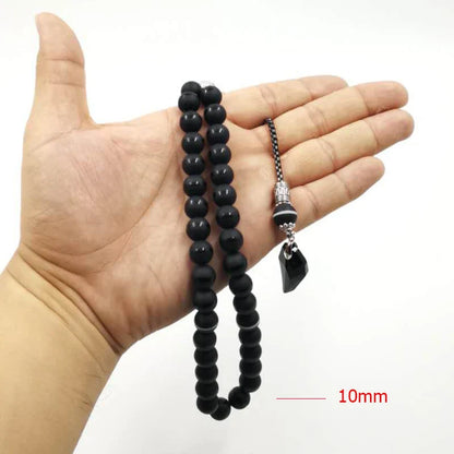 Crystal Tasbih featuring a stylish black agate design and customizable bead capacity of 33, 66, or 99 Misbaha.