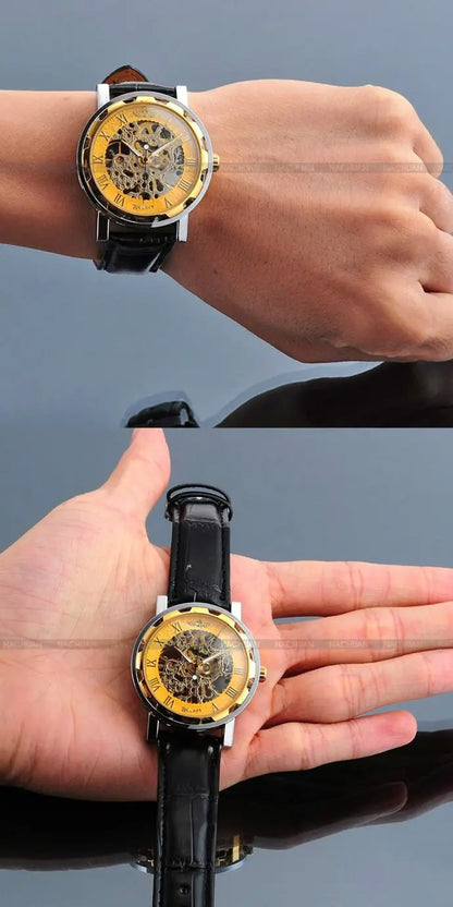Winner Luxury Skeleton Mechanical Watch – Black Leather Strap, Gold Dial, Stainless Steel Case