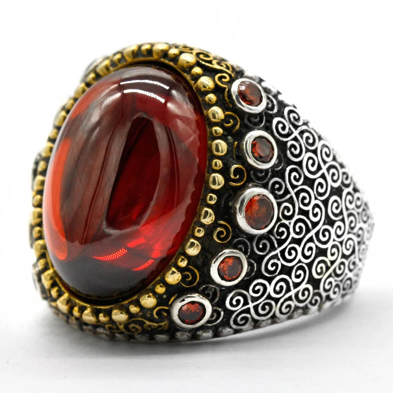 Natural Stone Men's Ring - 925 Sterling Silver with Agate/Chalcedony, Garnet, or Lapis Gemstone. Vintage Turkish Jewelry.