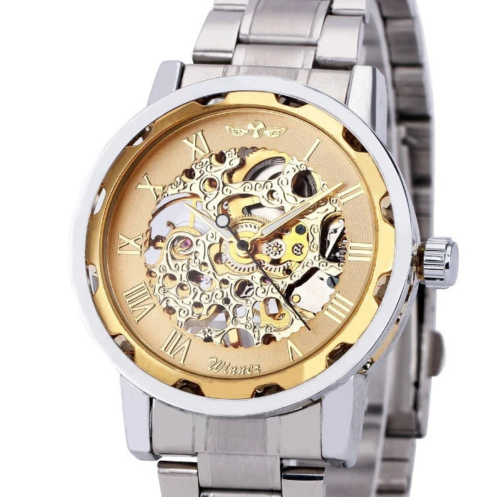 Winner Luxury Skeleton Mechanical Watch – Black Leather Strap, Gold Dial, Stainless Steel Case