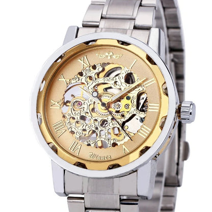 Winner Luxury Skeleton Mechanical Watch – Black Leather Strap, Gold Dial, Stainless Steel Case
