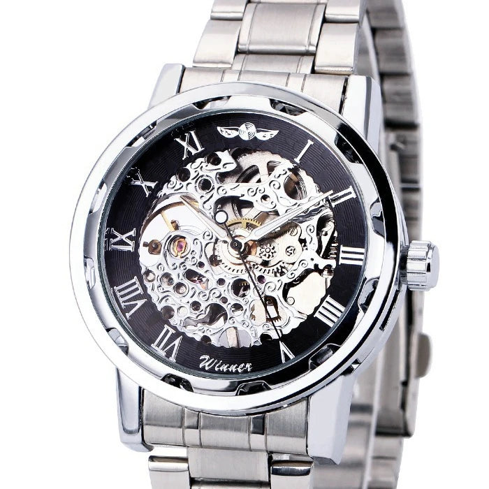 Winner Luxury Skeleton Mechanical Watch – Black Leather Strap, Gold Dial, Stainless Steel Case