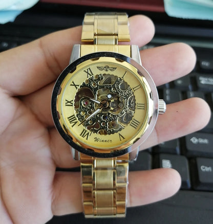 Winner Luxury Skeleton Mechanical Watch – Black Leather Strap, Gold Dial, Stainless Steel Case