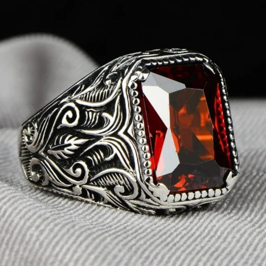 Vintage Turkish Signet Ring for Men, Handmade with Ancient Silver Color, Carved Design, Red Zircon Inlay