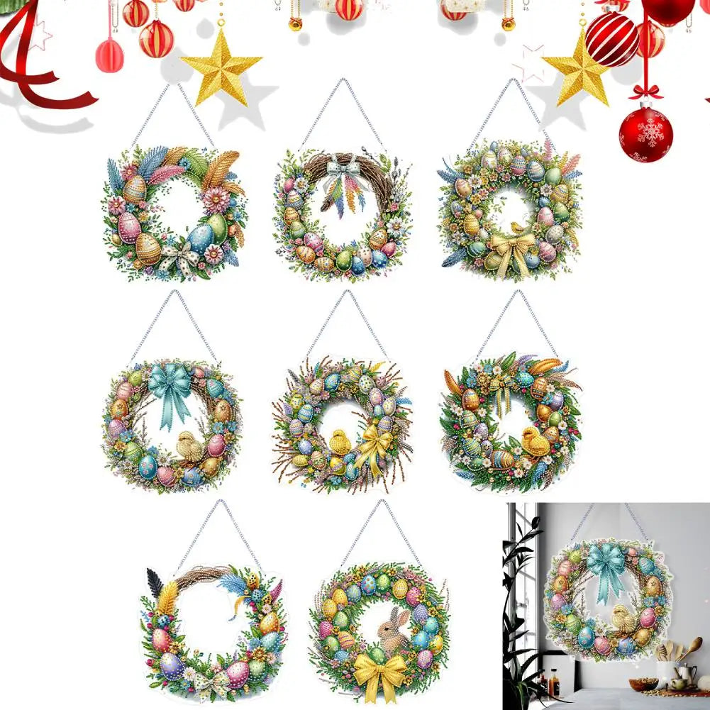 Single-Sided 5D Diamond Painting Hanging Pendant – Handmade Easter Wreath Crystal Art Decoration