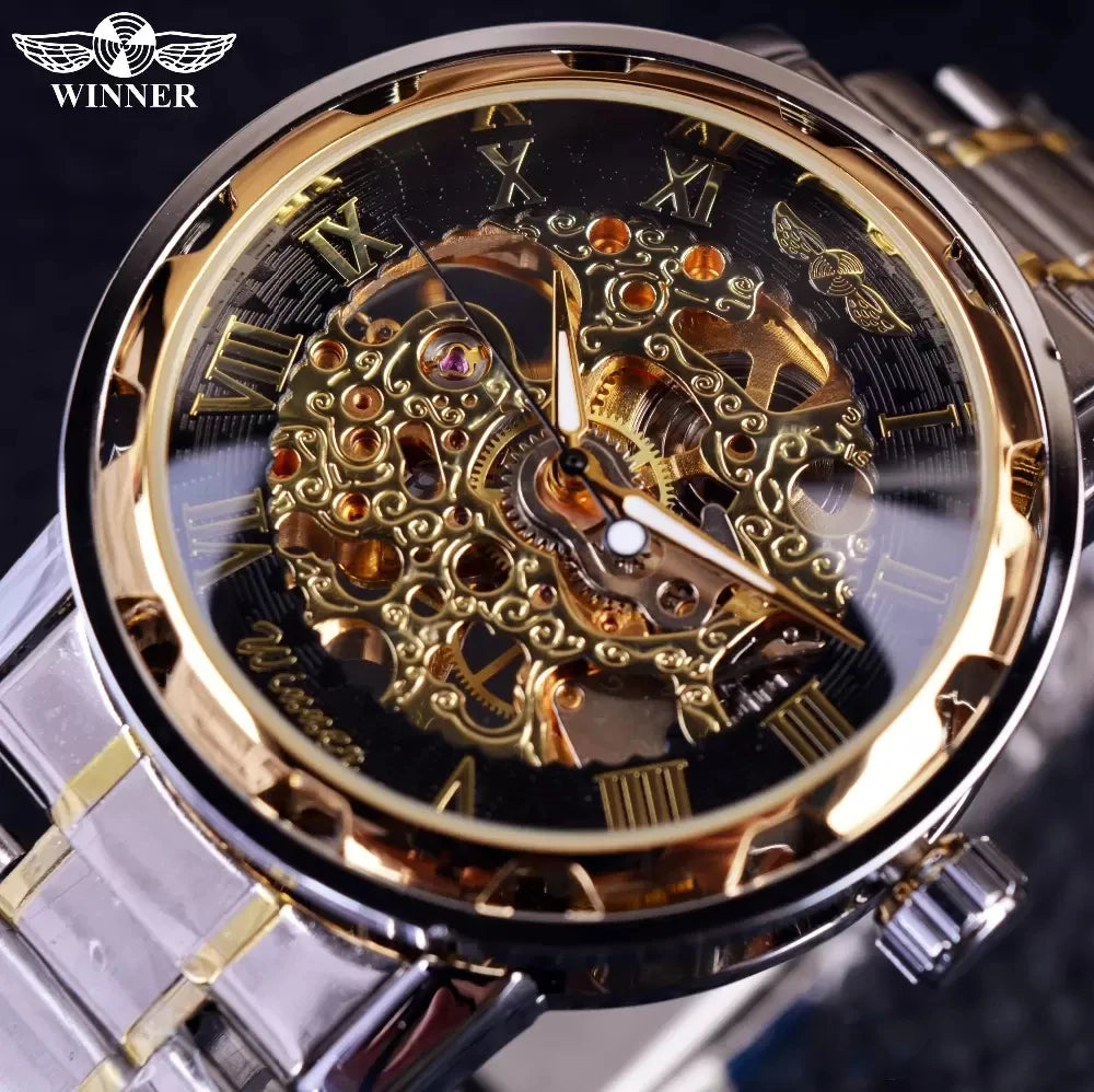 Winner Luxury Skeleton Mechanical Watch – Black Leather Strap, Gold Dial, Stainless Steel Case
