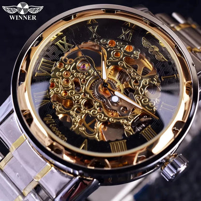 Winner Luxury Skeleton Mechanical Watch – Black Leather Strap, Gold Dial, Stainless Steel Case