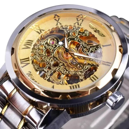 Winner Luxury Skeleton Mechanical Watch – Black Leather Strap, Gold Dial, Stainless Steel Case
