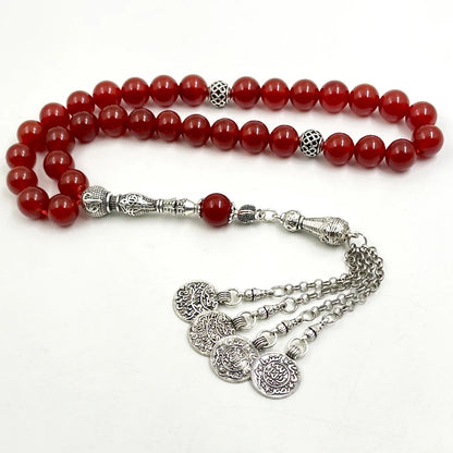 Natural Brazil Red Agate Islamic Tasbih – 33 Beads Misbaha Prayer Bracelet | Men’s Rosary Beads with Metal Tassel – Eid & Ramadan Gift