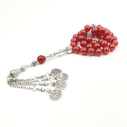 Natural Brazil Red Agate Islamic Tasbih – 33 Beads Misbaha Prayer Bracelet | Men’s Rosary Beads with Metal Tassel – Eid & Ramadan Gift