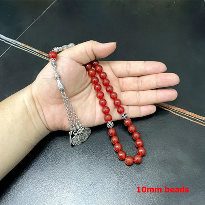 Natural Brazil Red Agate Islamic Tasbih – 33 Beads Misbaha Prayer Bracelet | Men’s Rosary Beads with Metal Tassel – Eid & Ramadan Gift
