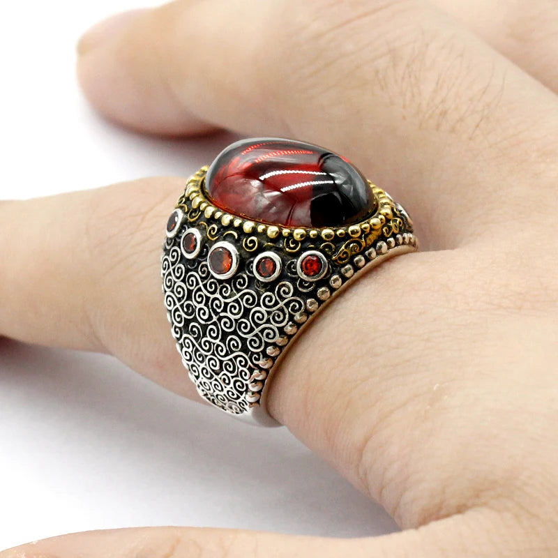 Natural Stone Men's Ring - 925 Sterling Silver with Agate/Chalcedony, Garnet, or Lapis Gemstone. Vintage Turkish Jewelry.