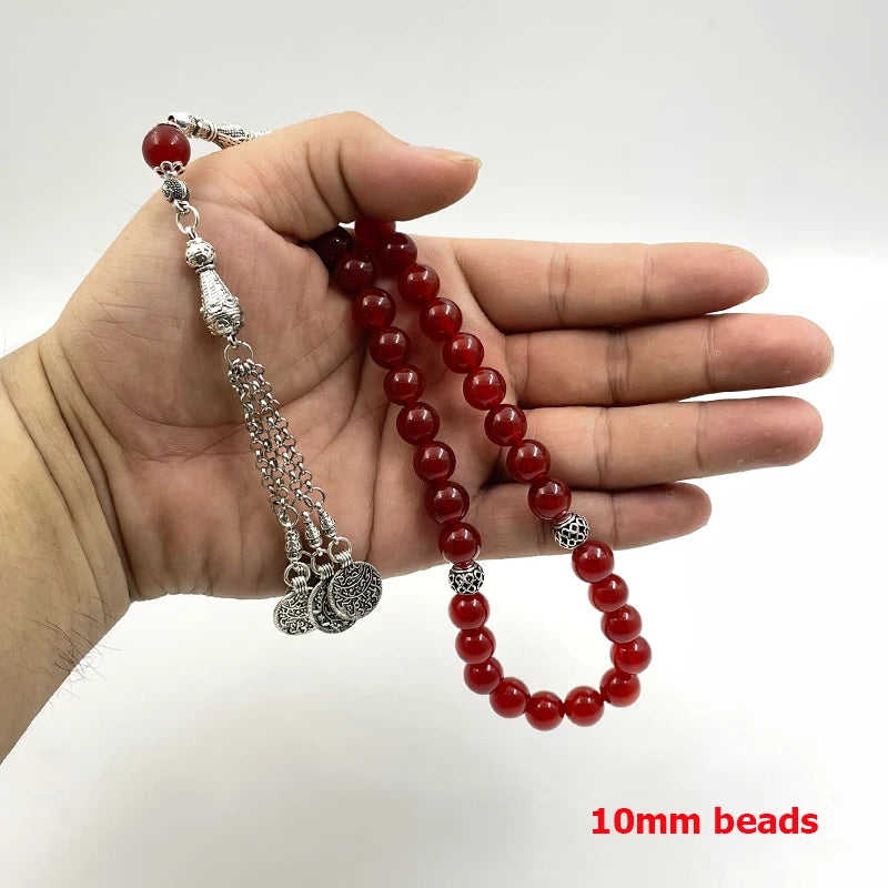 Natural Brazil Red Agate Islamic Tasbih – 33 Beads Misbaha Prayer Bracelet | Men’s Rosary Beads with Metal Tassel – Eid & Ramadan Gift