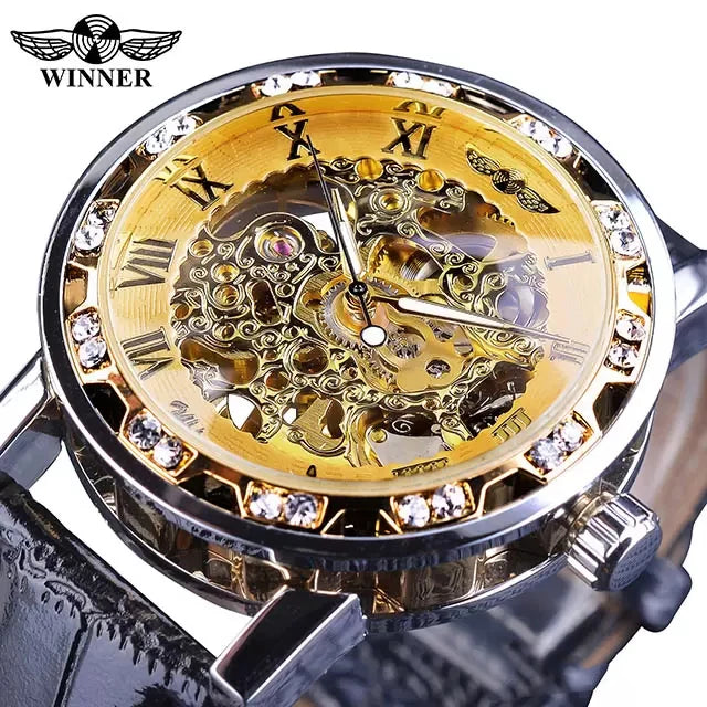 Winner Luxury Skeleton Mechanical Watch – Black Leather Strap, Gold Dial, Stainless Steel Case