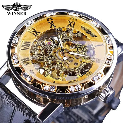 Winner Luxury Skeleton Mechanical Watch – Black Leather Strap, Gold Dial, Stainless Steel Case