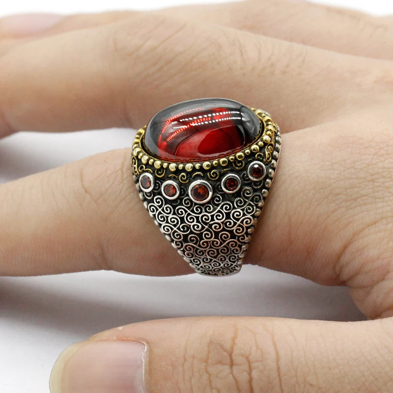 Natural Stone Men's Ring - 925 Sterling Silver with Agate/Chalcedony, Garnet, or Lapis Gemstone. Vintage Turkish Jewelry.