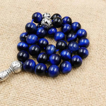 Natural Blue Tiger Eye Tasbih – Islamic Prayer Beads Misbaha for Men | 33/66/99 Beads Muslim Rosary Bracelet with Metal Tassel – Eid & Ramadan Gift