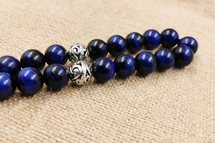 Natural Blue Tiger Eye Tasbih – Islamic Prayer Beads Misbaha for Men | 33/66/99 Beads Muslim Rosary Bracelet with Metal Tassel – Eid & Ramadan Gift