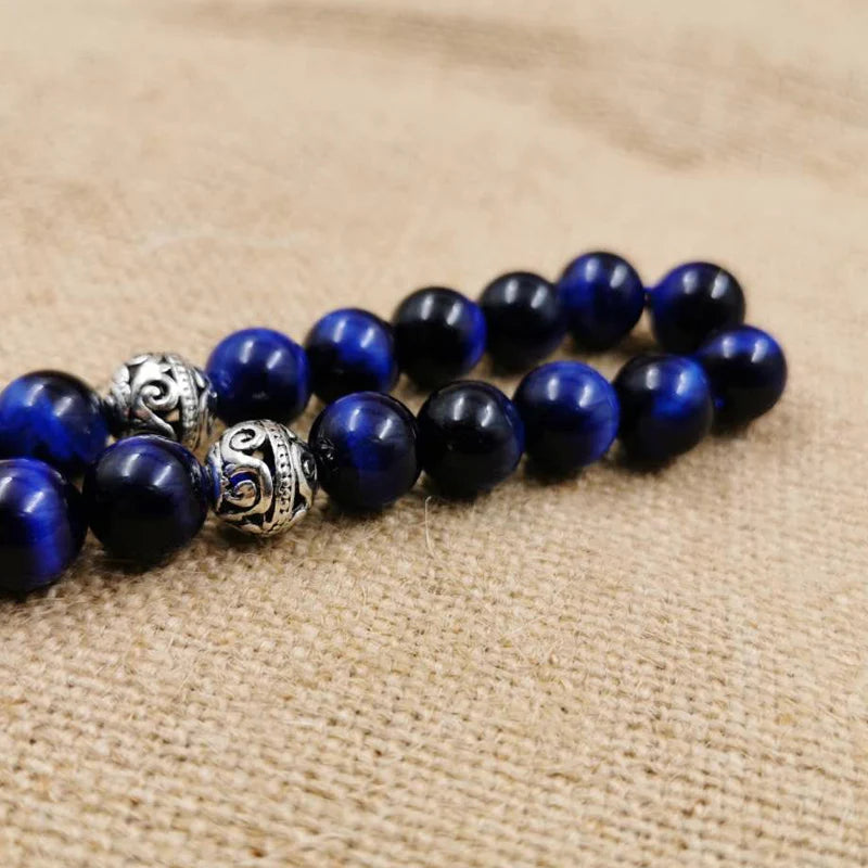 Natural Blue Tiger Eye Tasbih – Islamic Prayer Beads Misbaha for Men | 33/66/99 Beads Muslim Rosary Bracelet with Metal Tassel – Eid & Ramadan Gift