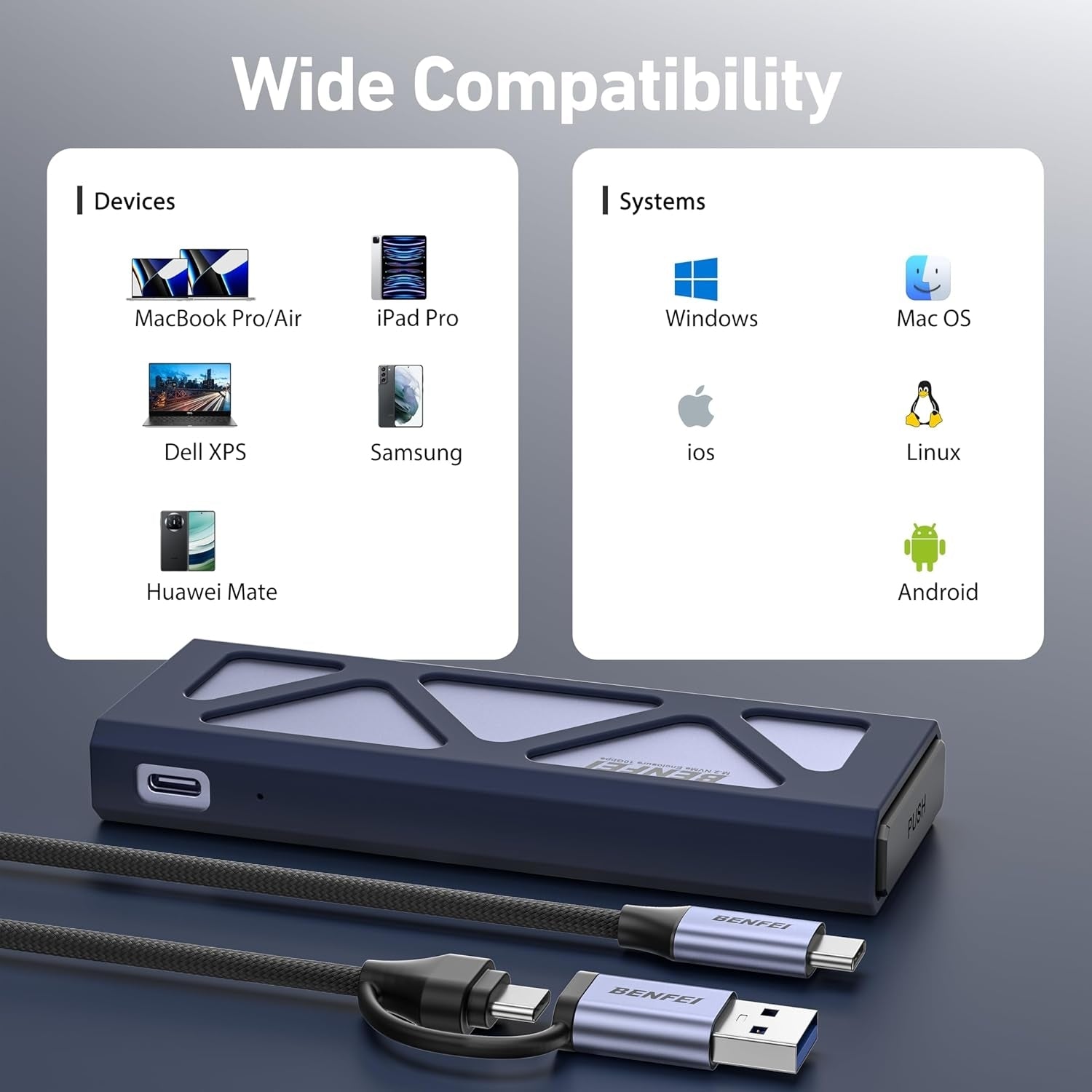 BENFEI M.2 SSD Enclosure USB3.2 Gen2 10 Gbps, Tool-Free for NVME B & M Keys with Size 2230/2242/2260/2280 SSDs - The Grand Bazaar of Australia