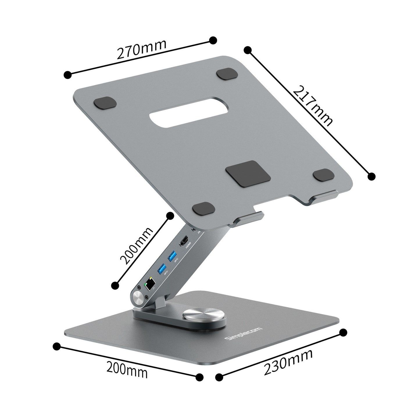 Simplecom CHT660 Adjustable Aluminium Laptop Stand with 6-Port USB-C Docking Station Dual 4K HDMI Display