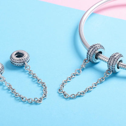 925 Sterling Silver Simple Diamond Beaded Bracelet Safety Chain