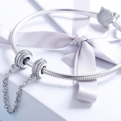 925 Sterling Silver Simple Diamond Beaded Bracelet Safety Chain