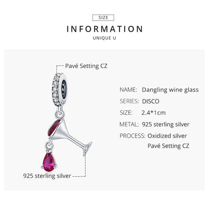 925 Sterling Silver Shimmering Wine Glass Pendant For Diy Bracelets & Necklaces