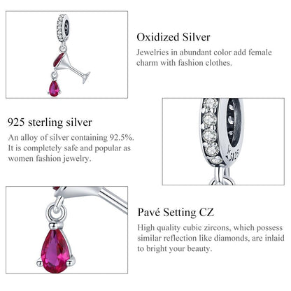 925 Sterling Silver Shimmering Wine Glass Pendant For Diy Bracelets & Necklaces