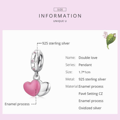 925 Sterling Silver Double Love Pendant For Bracelet Or Necklace