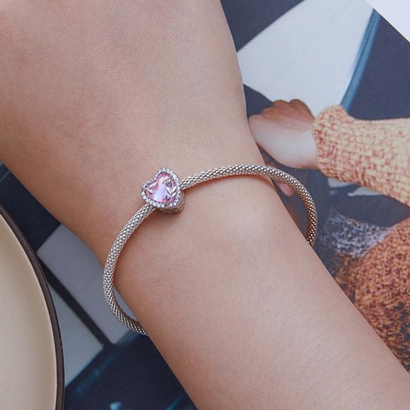 925 Sterling Silver Pink Glass Rose Bracelet Bead