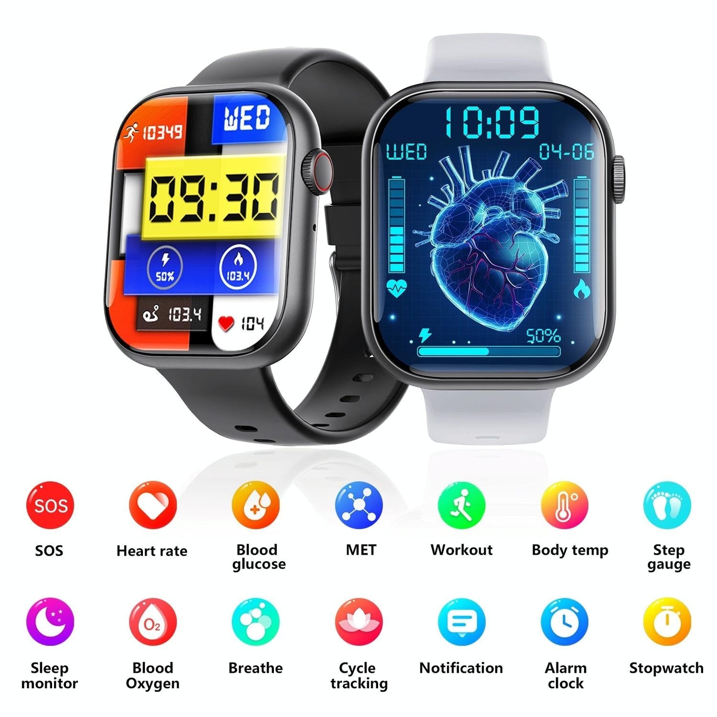 2.1 Inch Screen Smart Watch With Blood Sugar / Blood Oxygen Monitoring / Sos Alarm / 100+ Sports Modes - Black 3-Bead Steel - Black Silicone