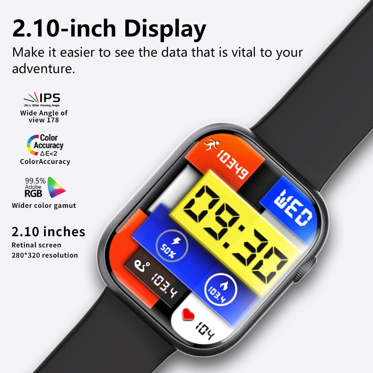 2.1 Inch Screen Smart Watch With Blood Sugar / Blood Oxygen Monitoring / Sos Alarm / 100+ Sports Modes - Black 3-Bead Steel - Black Silicone