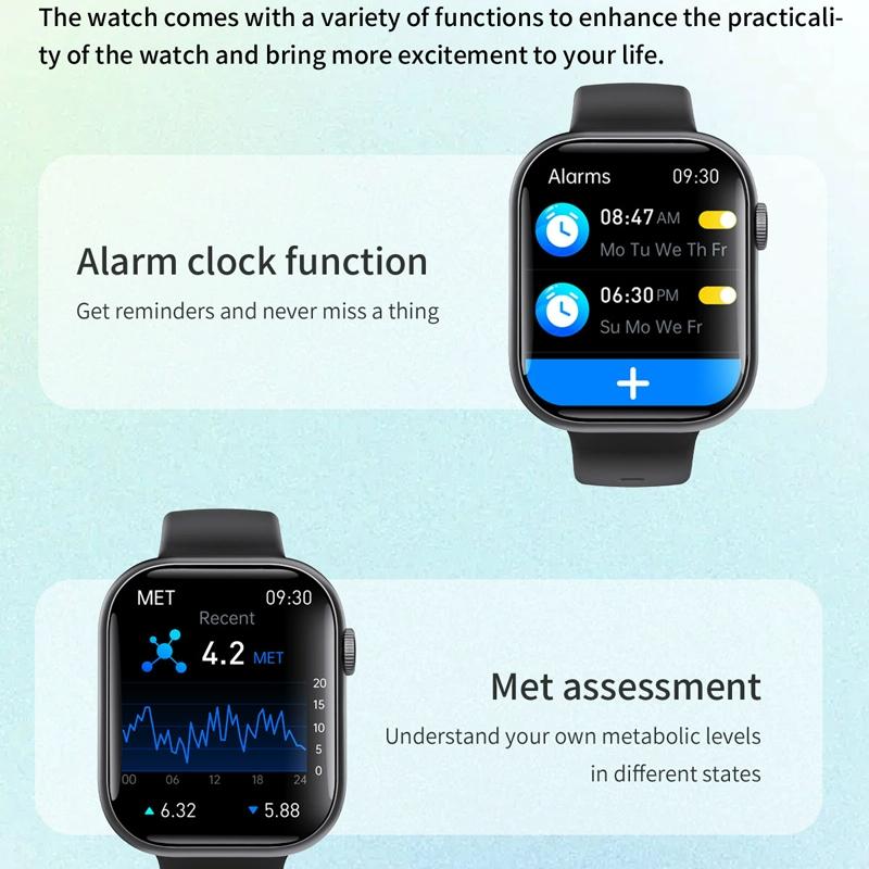 2.1 Inch Screen Smart Watch With Blood Sugar / Blood Oxygen Monitoring / Sos Alarm / 100+ Sports Modes - Black 3-Bead Steel - Black Silicone