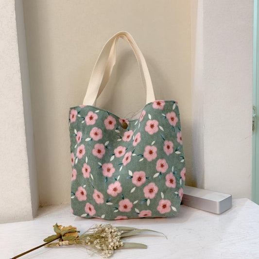 Large Capacity Corduroy Tote Bag with Floral Design - Cherry