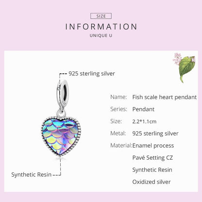 925 Sterling Silver Fish Scale Heart Pendant For Diy Bracelets & Necklaces